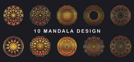 Luxury 10 Mandala Pattern Design Background In Gold Color. vector