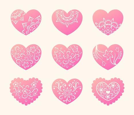 Decorative hearts collection. Mandala, floral, lace pattern.