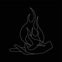 Hand holds fire flame one line art. Minimalistic art drawing. Isolated on black background vector