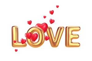 3d golden balloon text Love with realistic hearts on transparent background. Realistic 3d illustration. png