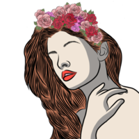 Hand drawn,beautiful woman and flower bouquet. png