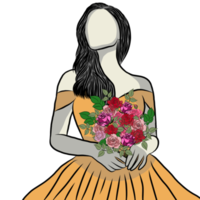 Hand drawn,beautiful woman and flower bouquet. png