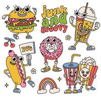 coloridos dibujos animados retro comida rápida y comida para llevar personajes con hot dog, donut, hamburguesa, palomitas de maíz, refrescos, limonada mascotas maravillosas. Ilustración de vector plano de contorno dibujado a mano de los años 70 80 aislado en blanco