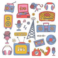 Retro groovy stickers with vintage electronics in 80s style. Vintage collection of cassette, tape recorder, phone, headphones, microphone, record player, TV, antenna, speaker. Vector illustration.