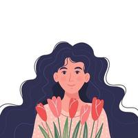 Beauty woman with dark curly hair with a bouquet of spring flowers. Vector modern concept for Mother's Day, Valentine's Day, Women's Day on March 8. Flat cartoon style.