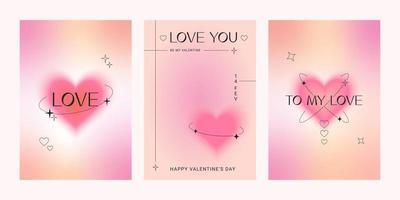 Set of modern posters with Valentine's Day. Trendy gradients, blurred shapes, typography, y2k. Social media stories templates. Vector illustration for mobile apps, banner, greeting card design.