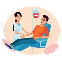 Blood donation 2D vector isolated illustration. Man in chair on blood transfusion. Donor with smiling nurse flat characters on cartoon background. Charity work and volunteering colourful scene