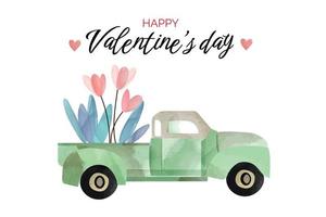 Watercolor illustration of a green pickup truck with flowers. Valentine's day.Greeting card machine with flowers vector