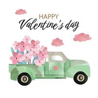 Watercolor illustration of a green pickup truck with flowers. Valentine's day.Greeting card machine with flowers vector