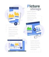 archivos de imágenes fotográficas y almacenamiento de imágenes, imagen de la galería de fotos en la campaña del monitor de visualización para el banner de la plantilla de la página de inicio de la página de inicio del sitio web con un estilo plano moderno vector