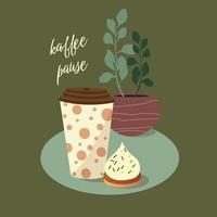 Cup of coffee, sweet dessert. Coffee break. Vector illustration in cartoon flat style. Cup of coffee on the background of a flower in a pot, Delicious breakfast or coffee break. Print for cards, stick