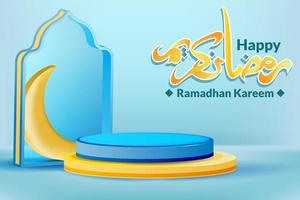 Ramadan  Arabic calligraphy lettering with 3d podium scene Ramadan display product podium cylinder for ramadan event decoration background vector