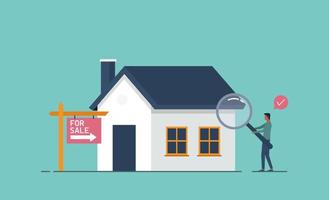 A real estate appraiser assesses property values with magnifying glass, property evaluation for sale, home check services vector
