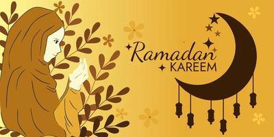 Islamic ramadan kareem banner design with animated illustration of a woman in hijab praying. lantern and crescent moon flat design vector