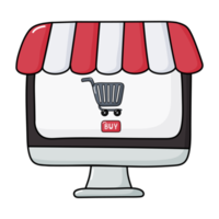 computador com ícone de compra de tela. conceito de compras on-line. estilo de desenho animado. png
