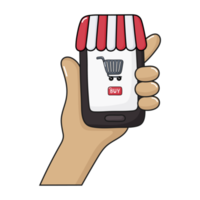 hands holding smartphone with and screen buy icon. concept online shopping. cartoon style. png