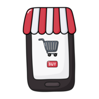 smartphone avec icône d'achat d'écran. concept d'achat en ligne. style bande dessinée. png