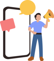 illustration of a young man doing a promotion using a megaphone. standing man holding megaphone in front of big cell phone. promotion concept. online promotion png