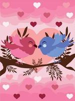 Hand drawn illustration of love birds on a branch with loves in the air vector