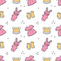 Seamless pink pattern for baby. Collection of toys for newborn. Wallpaper for nursery. Print  on fabric and wrapping paper. vector