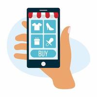 Store in smartphone. Hand with phone. Concept of online shopping. Marketplace. Internet shop vector