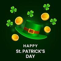 gradient design happy st patrick's day illustration with hat, floral, and coins vector