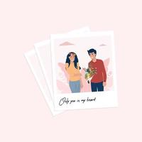 Happy man and woman on photo. Two smiling characters standing together.Vector illustration of lovers background. Valentines postcard. vector