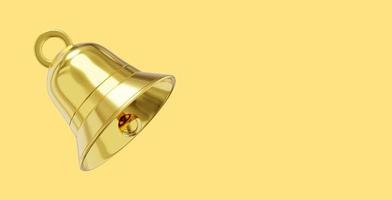 Bell metal gold, notification symbol. 3D rendering. Icon on yellow background, space for text. photo