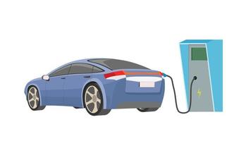 Electric car blue  color charging at the station.  View of cars from the back. Refueling from the rear of the car. ower distribution board has a current symbol. on isolated white background. vector