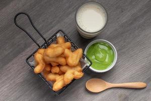 deep fried dough stick.Patongo soy milk pandan custard.Breakfast photo