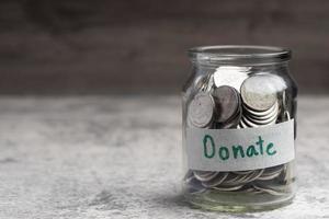 Glass jar with coins, monetary donations.Copy space photo