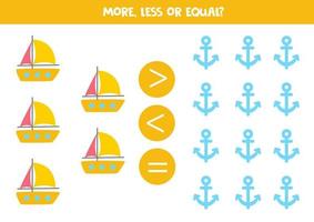 More, less or equal with cartoon yacht and anchor. vector