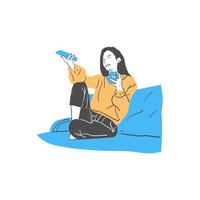 ilustración de una mujer tomando café mientras ve la televisión vector