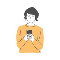 ilustración de una mujer sosteniendo un teléfono celular vector