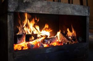 fuego y leña en una chimenea de hierro para calentar una casa durante una crisis energética y los altos precios de la calefacción en Europa. foto