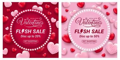 Flash sale special offer Happy Valentines Day greeting Background, set of abstract backgrounds with love and pattern pink color for banner, poster, cover design templates, social media feed vector