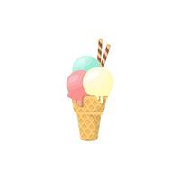 flat design of three ice cream scoop melts in cones with wafer roll isolated white background vector