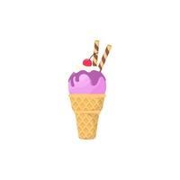 Flat design of fresh and sweet ice cream melts in cones with wafer roll and cherries isolated on a white background vector