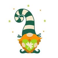 A cute dwarf holds a green heart with shamrock in his hands. Red-bearded elf for good luck. Irish gnome in a striped stocking cap. Funny leprechaun, symbol of St. Patrick's Day. Isolated on white vector