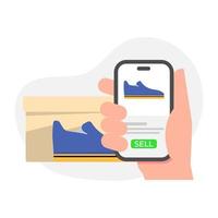 sell product to online marketplace with smartphone  concept illustration flat design vector eps10. modern graphic element for landing page, empty state ui, infographic, icon