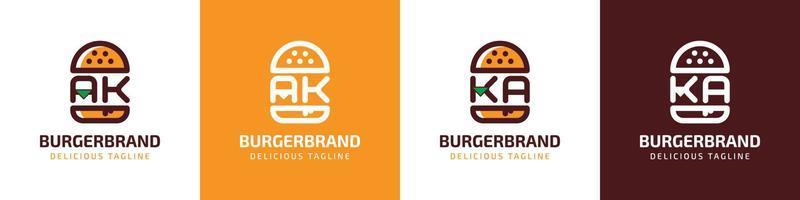 logotipo de la hamburguesa ak y ka, adecuado para cualquier negocio relacionado con la hamburguesa con las iniciales ak o ka. vector