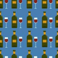 Bottle and glass of red wine seamless pattern, Vector background with alcohol.