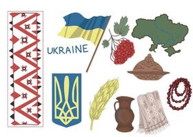 Ukraine national flag and coat of arms, country map symbols viburnum, towel loaf, red beads separate elements drawn by hand separately on a white background vector