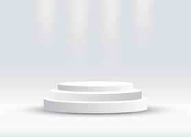 una ilustración de vector de podio de pedestal de cilindro de plata abstracta. concepto de habitación blanca vacía con semicírculo brillante. representación vectorial de forma 3d, presentación de exhibición de productos. escena de la pared futurista
