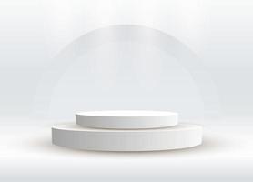 Two Abstract podium silver cylinder pedestal stage. A white empty stage concept with semi circle glowing neon lighting vector