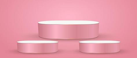 tres de podio vectorial 3ds rosa, etapa de exhibición de productos. y diseño de podio pastel iluminado, escenario, uso de stand como plantillas de presentación de productos vector