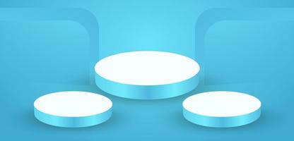 SET of three light blue 3Ds podium, stage display illuminated place for presentation of products with spotlight on the top vector