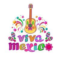 viva mexico, logo decorado. letras de dibujos animados y guitarra, maracas. vector. vector