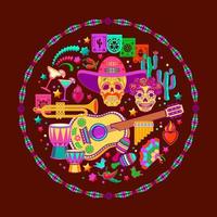 Mexican colorful symbols isolated on brown. Fiesta circle pattern. Vector. vector