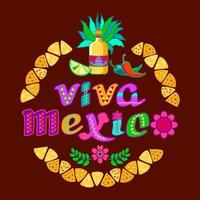 Viva Mexico, decorated logo. Cartoon letters, tequila, nachos. Vector illustration.